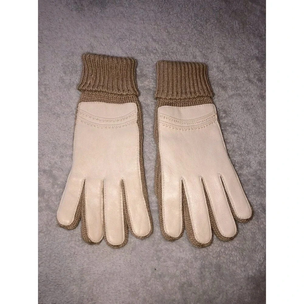 Vintage Ivory Leather Medium Brown Knit Ribbed Cuff Winter Gloves
